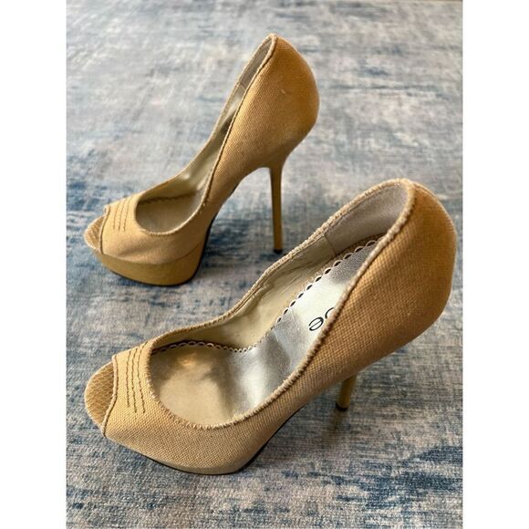 Bebe Yellow Tan Metallic Gold Canvas Platform Peeptoe Stilettos 8.5 - Picture 3 of 12